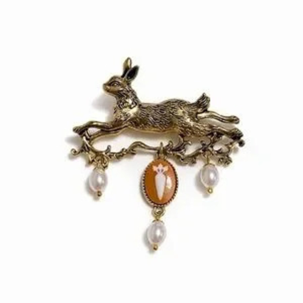 Vintage Gold Rabbit Brooch with Pearls